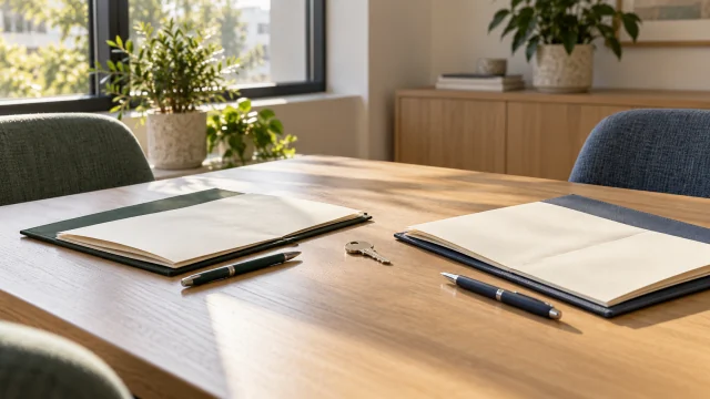 Two folios and pens with a house key between them on an empty meeting table.